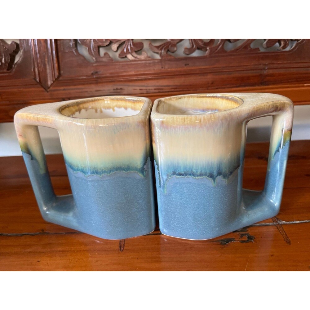 RARE Blue Rodolfo Padilla Vintage Stoneware Hand Glazed Mugs Signed